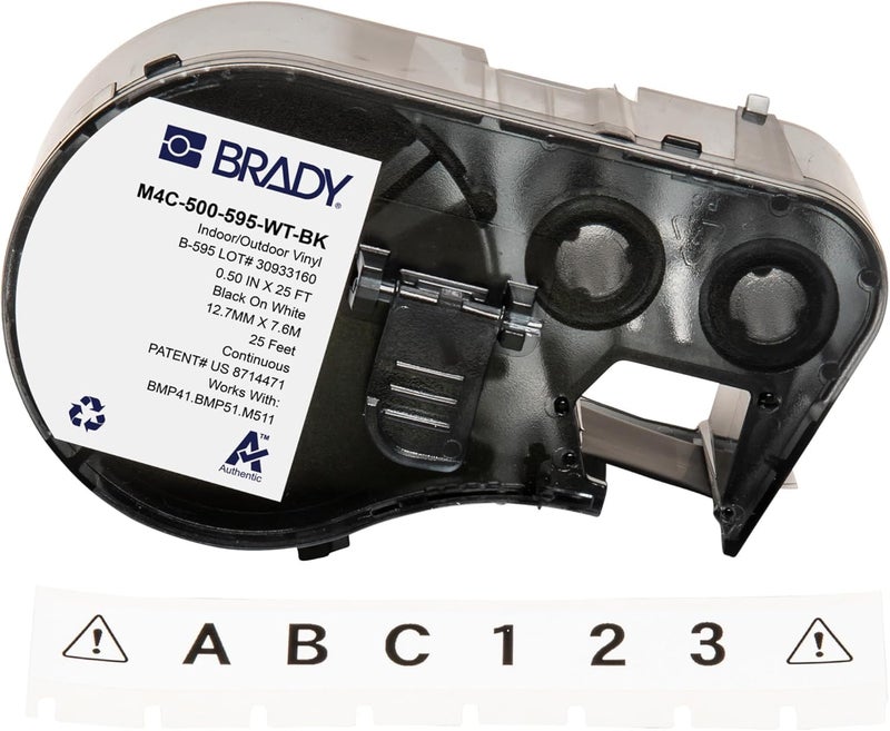 Brady Authentic (M4C-500-595-WT-BK) All-Weather Vinyl Labels 0.5 in W x 25ft Black on White. for use with BMP41, BMP51, M410, M510, and M511 Label Printers. - Image 1